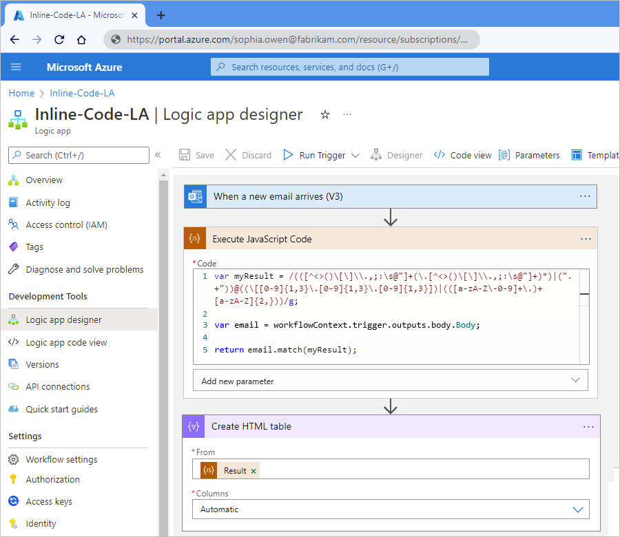 Captura de ecrã a mostrar um fluxo de trabalho da Aplicação lógica de consumo de exemplo com a ação Executar Código JavaScript.