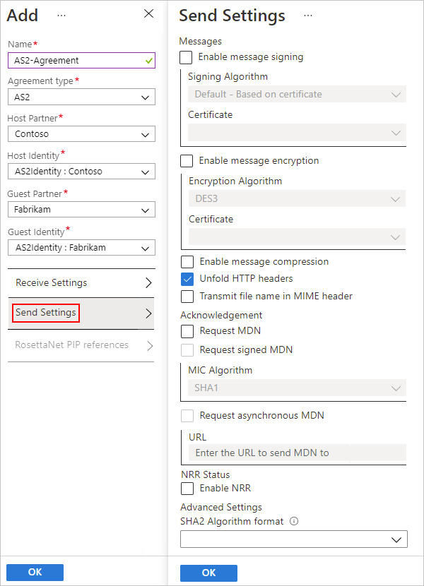 Captura de ecrã a mostrar as definições de contrato portal do Azure e AS2 para mensagens de saída.