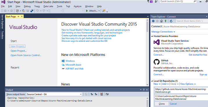 Captura de ecrã do Visual Studio com a ligação do GitHub apresentada