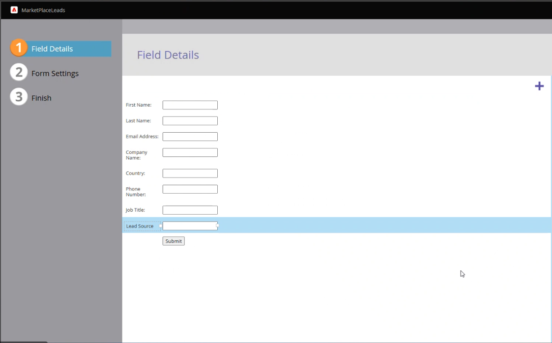 Captura de ecrã a mostrar os detalhes do novo formulário do Marketo.