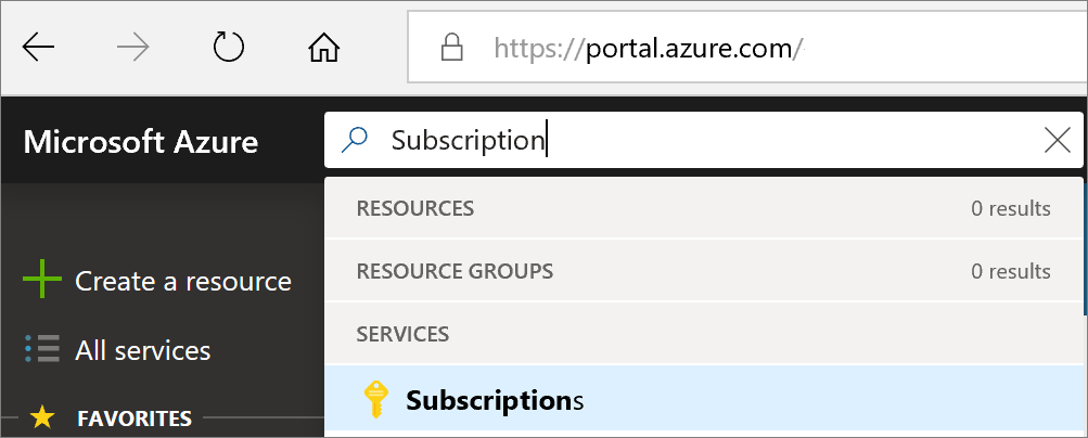 Captura de ecrã da caixa Pesquisar para procurar a subscrição do Azure.