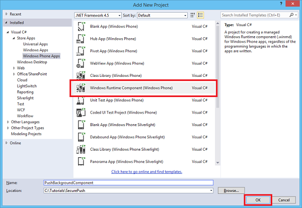 Captura de ecrã a mostrar a caixa de diálogo Adicionar Novo Projeto com a opção Componente Windows Runtime (Windows Phone) Visual C# realçada.