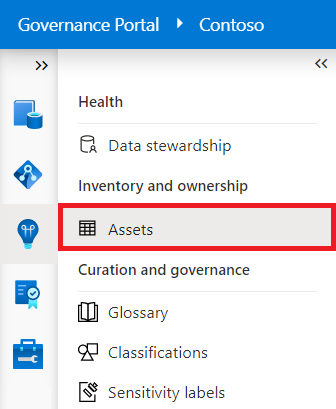 Captura de tela do menu Insights do portal de governança do Microsoft Purview com Ativos realçados.