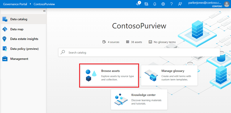 Captura de tela da janela do portal de governança do Microsoft Purview do catálogo com o botão procurar ativos realçado.