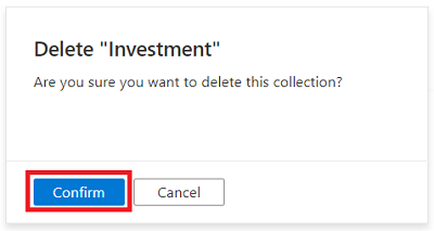Captura de tela da janela do portal de governança do Microsoft Purview mostrando a mensagem de confirmação para excluir uma coleção