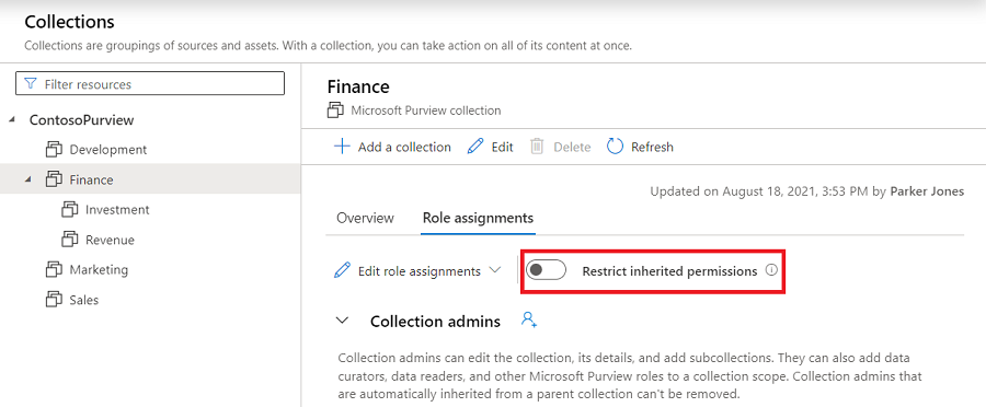 Captura de tela da janela de coleção do portal de governança do Microsoft Purview, com a guia atribuições de função selecionada e o botão de slide restringir permissões herdadas realçado.