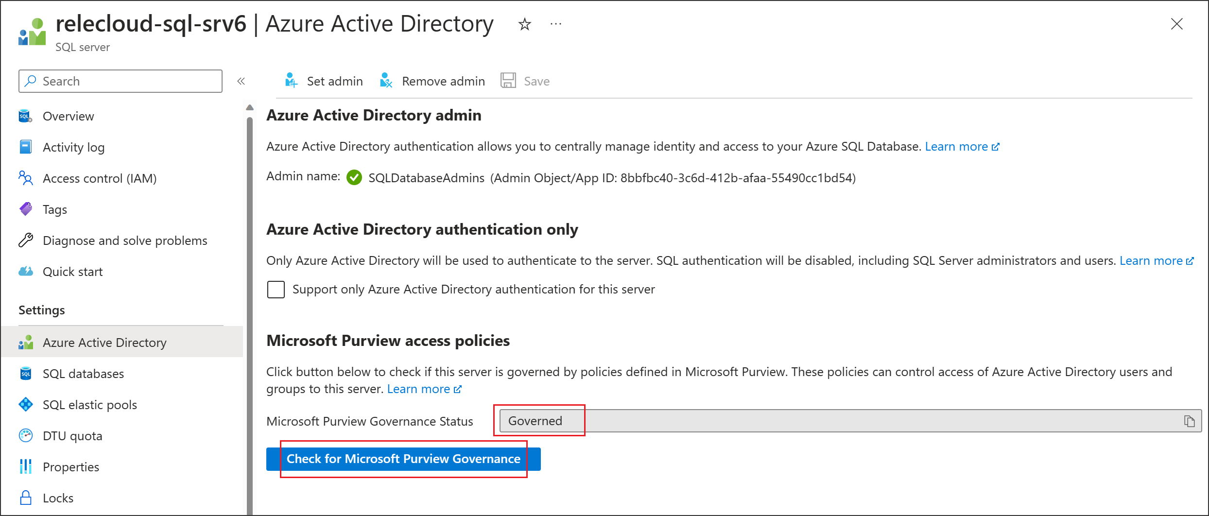 Captura de tela que mostra SQL do Azure é governada pelo Microsoft Purview.