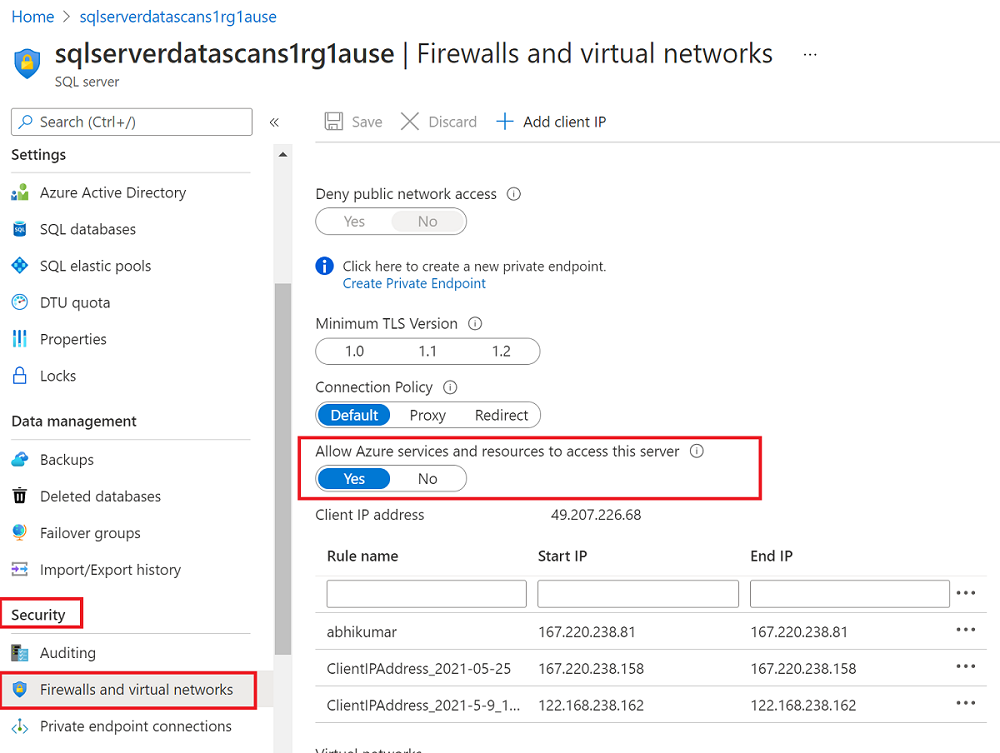 Captura de tela que mostra seleções no portal do Azure para permitir conexões do Azure com um servidor.
