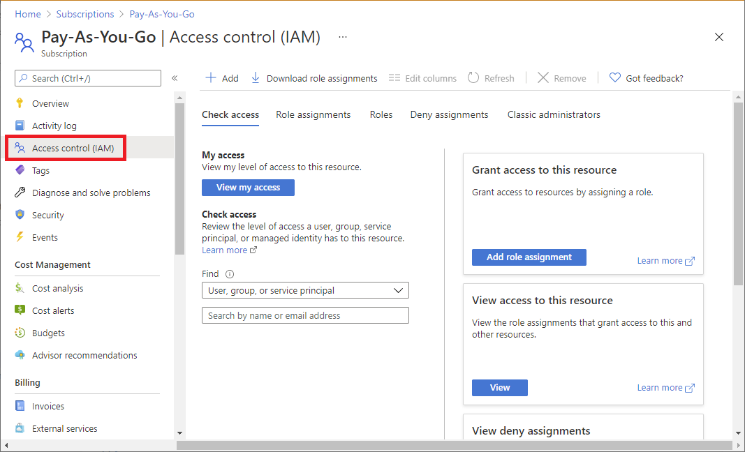Captura de ecrã da página de controlo de acesso (IAM) de uma subscrição.