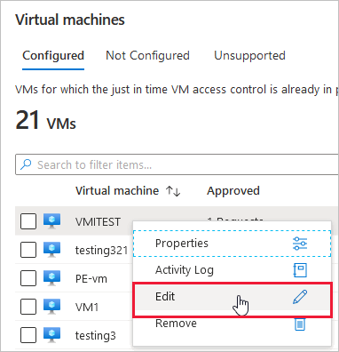 Editando uma configuração de acesso de VM JIT no Microsoft Defender for Cloud.