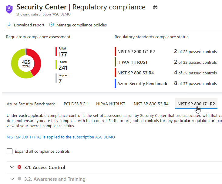 A norma NIST SP 800 171 R2 no painel de conformidade regulamentar do Centro de Segurança