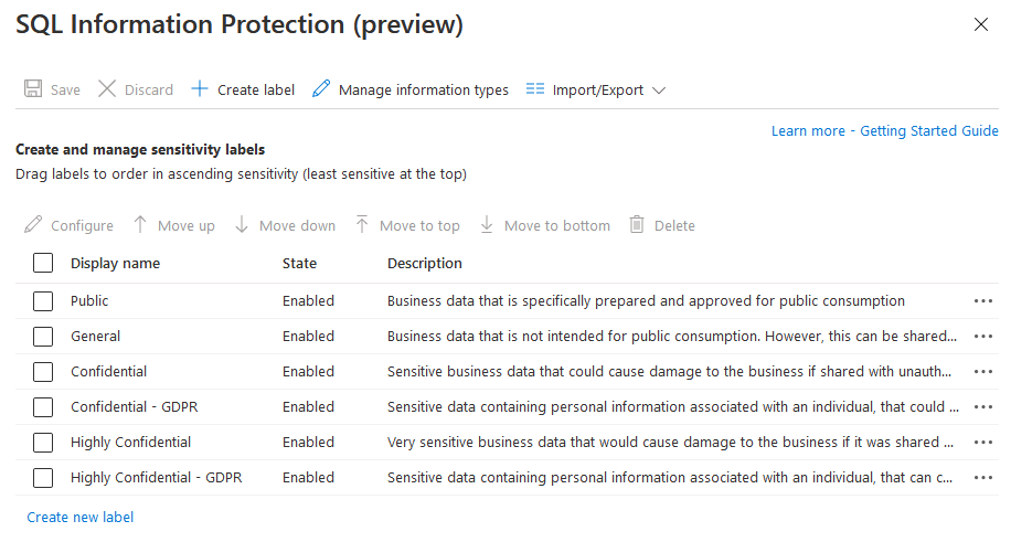 A página que mostra sua política de proteção de informações SQL.