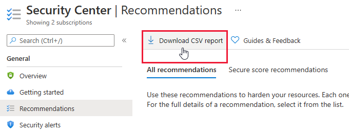 Botão 'baixar relatório CSV' da Central de Segurança para exportar dados de recomendação.