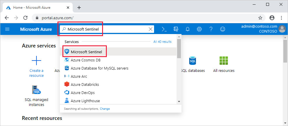 Captura de ecrã a mostrar a procura de um serviço enquanto ativa o Microsoft Sentinel.