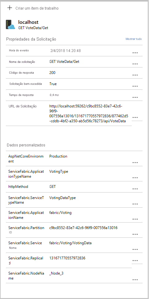 Captura de ecrã que mostra mais detalhes, incluindo dados específicos do Service Fabric, que são recolhidos no pacote NuGet do Service Fabric do Application Insights.