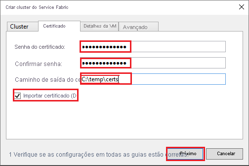 Captura de ecrã a mostrar o separador Certificado da caixa de diálogo Criar Cluster do Service Fabric.