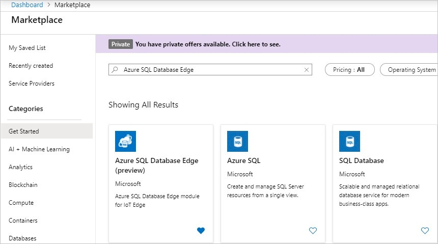 Screenshot of SQL Edge in the Azure Marketplace.