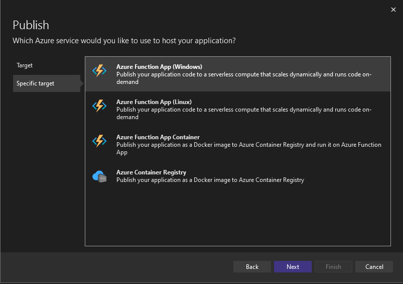 Uma captura de ecrã a mostrar como escolher Funções do Azure como um destino de implementação específico.