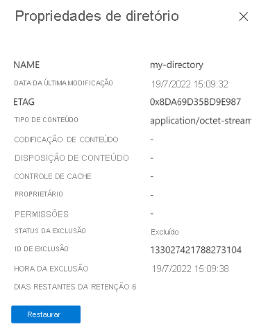 Captura de tela mostrando propriedades de blob excluído suavemente no portal do Azure (contas habilitadas para namespace hierárquico).