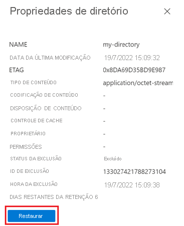 Captura de tela mostrando como restaurar um blob excluído suavemente no portal do Azure (contas habilitadas para namespace hierárquico).