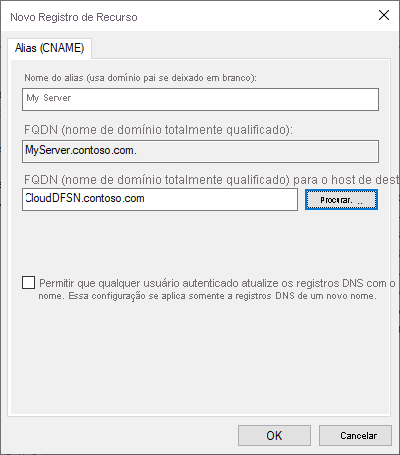 Uma captura de tela representando o Novo Registro de Recursos para uma entrada DNS CNAME.