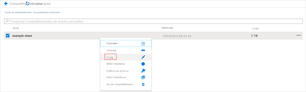 A interface do usuário do portal do Azure com cota de compartilhamentos de arquivos existentes
