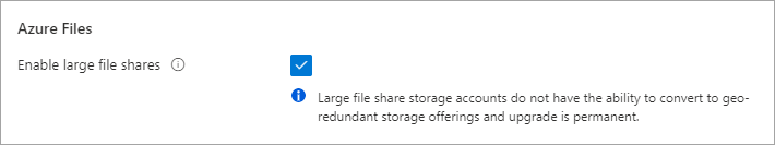 Uma captura de tela da configuração de compartilhamento de arquivos grande na folha avançada da conta de armazenamento.