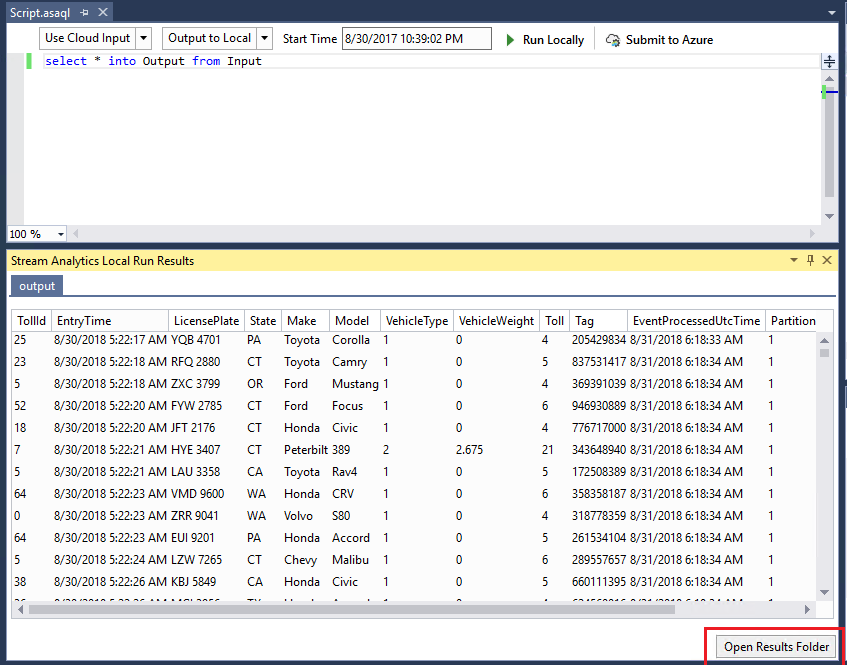 Pasta de resultados de abertura de dados em direto do Visual Studio do Azure Stream Analytics