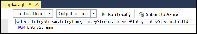 Entrada local e saída local do Visual Studio do Azure Stream Analytics