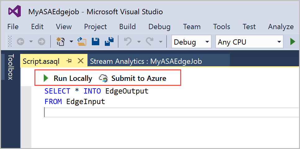 Opções de execução de tarefas do Stream Analytics no Visual Studio