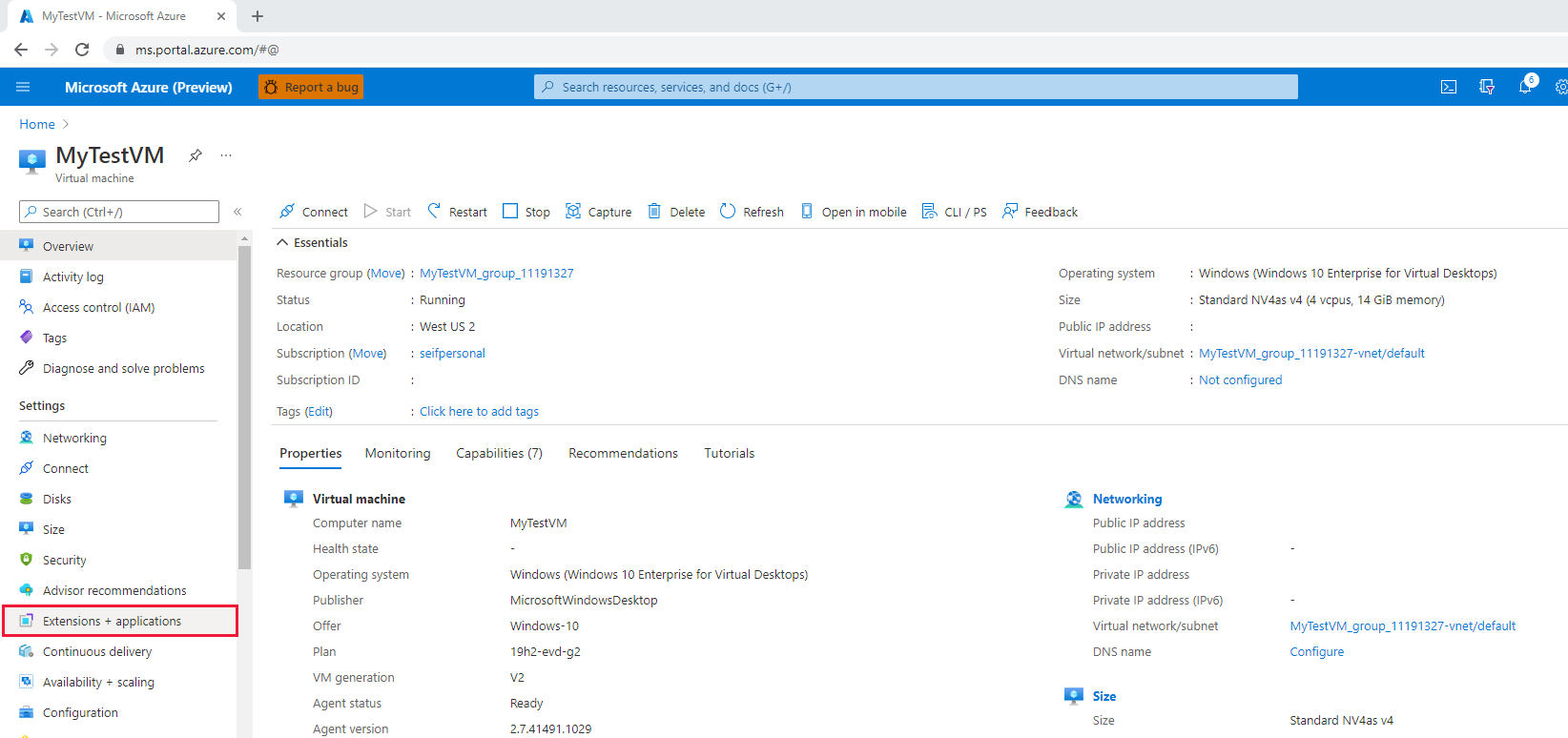 Screenshot que mostra a seleção de extensões no menu do portal Azure.
