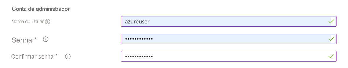 Captura de ecrã da secção Conta de administrador onde fornece o nome de utilizador e palavra-passe de administrador
