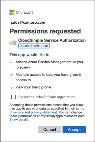 Consentimento da Autorização do Serviço CloudSimple – administrador global