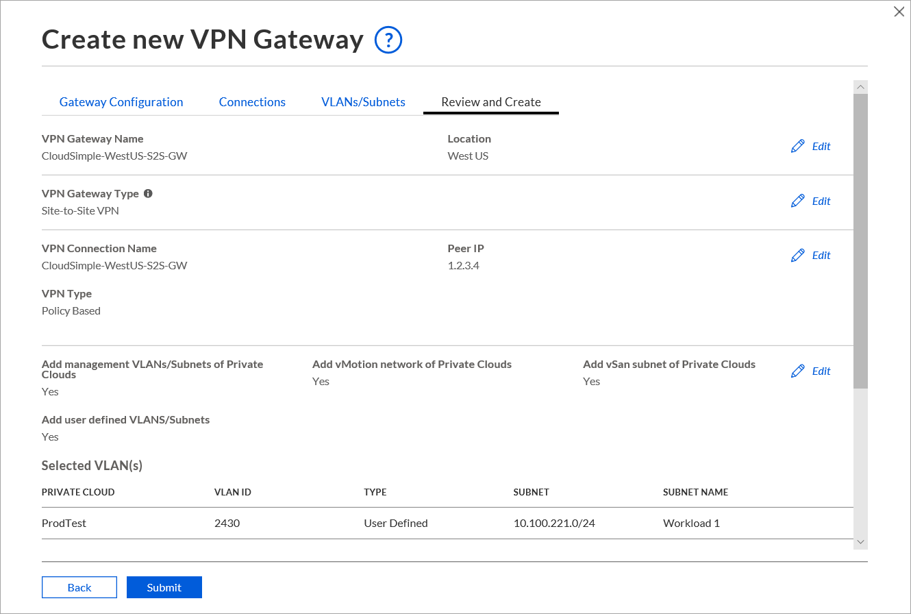 Revisão e criação do gateway de VPN Site a Site