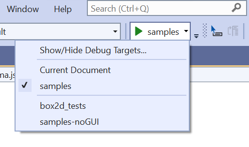 Captura de tela da lista suspensa de depuração do Visual Studio.