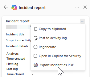 Captura de ecrã de ações adicionais no cartão de resultados do relatório de incidente.