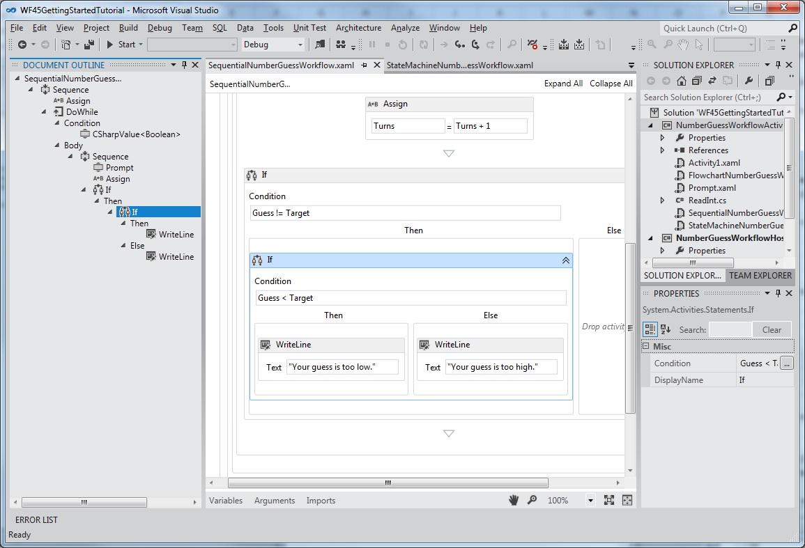 Captura de ecrã da vista hierárquica com um fluxo de trabalho sequencial no Visual Studio.