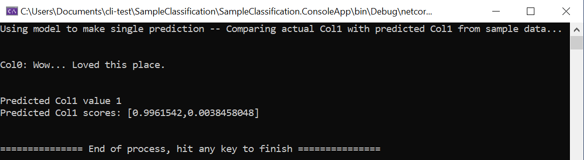 ML.NET CLI executar a aplicação a partir do Visual Studio