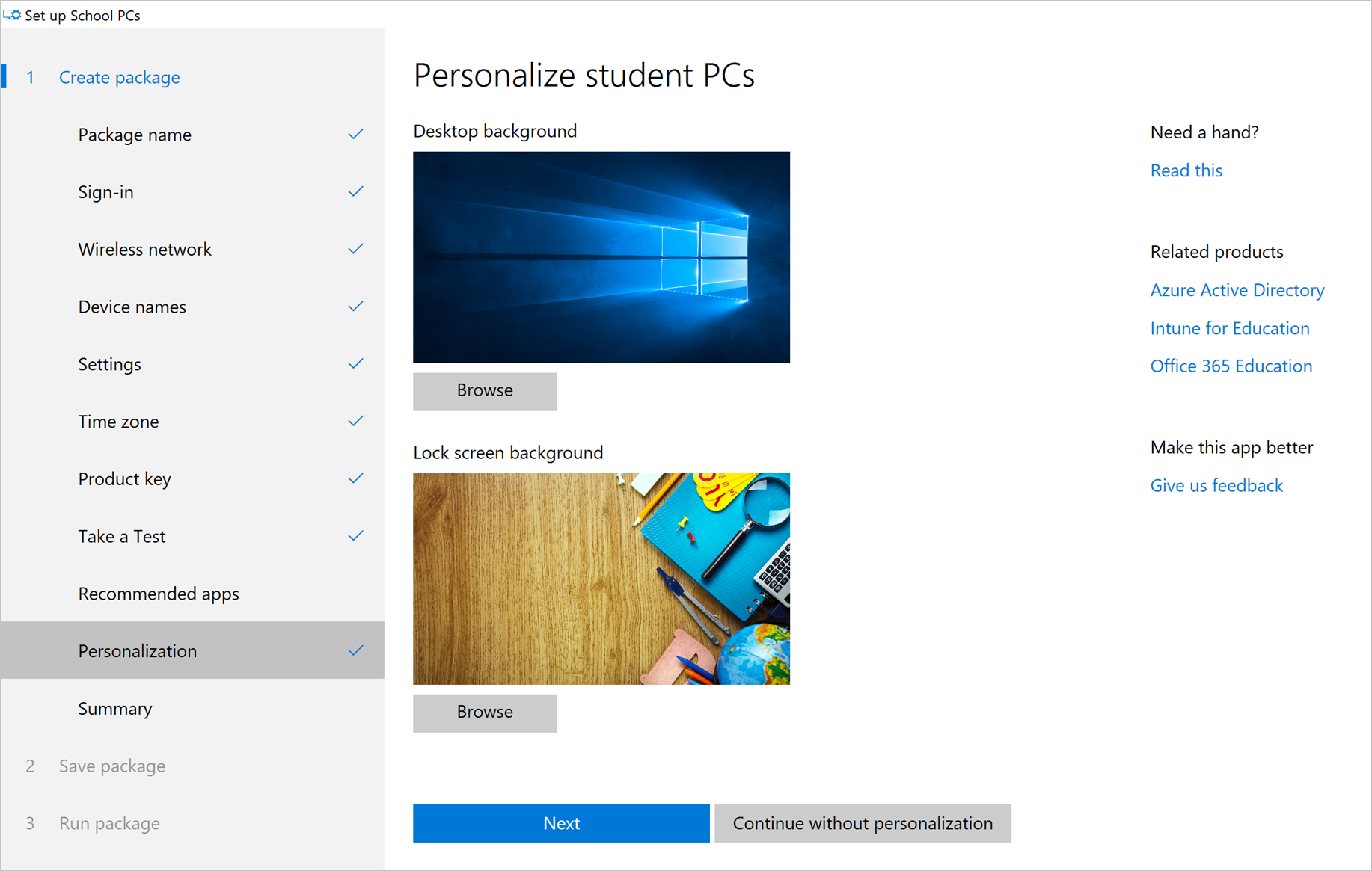 Imagem de exemplo do aplicativo Configurar computadores escolares, Tela de Personalização, mostrando a área de trabalho padrão e as fotos de fundo da tela de bloqueio, um botão Procurar em cada foto, um botão Avançar azul e um botão Continuar sem personalização.