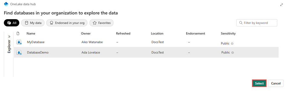 Captura de tela da janela do hub de dados OneLake mostrando um banco de dados KQL selecionado.