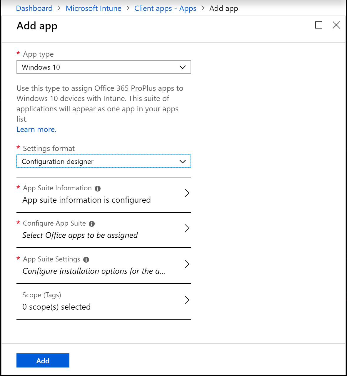 Add Microsoft 365 Apps - Configuration designer