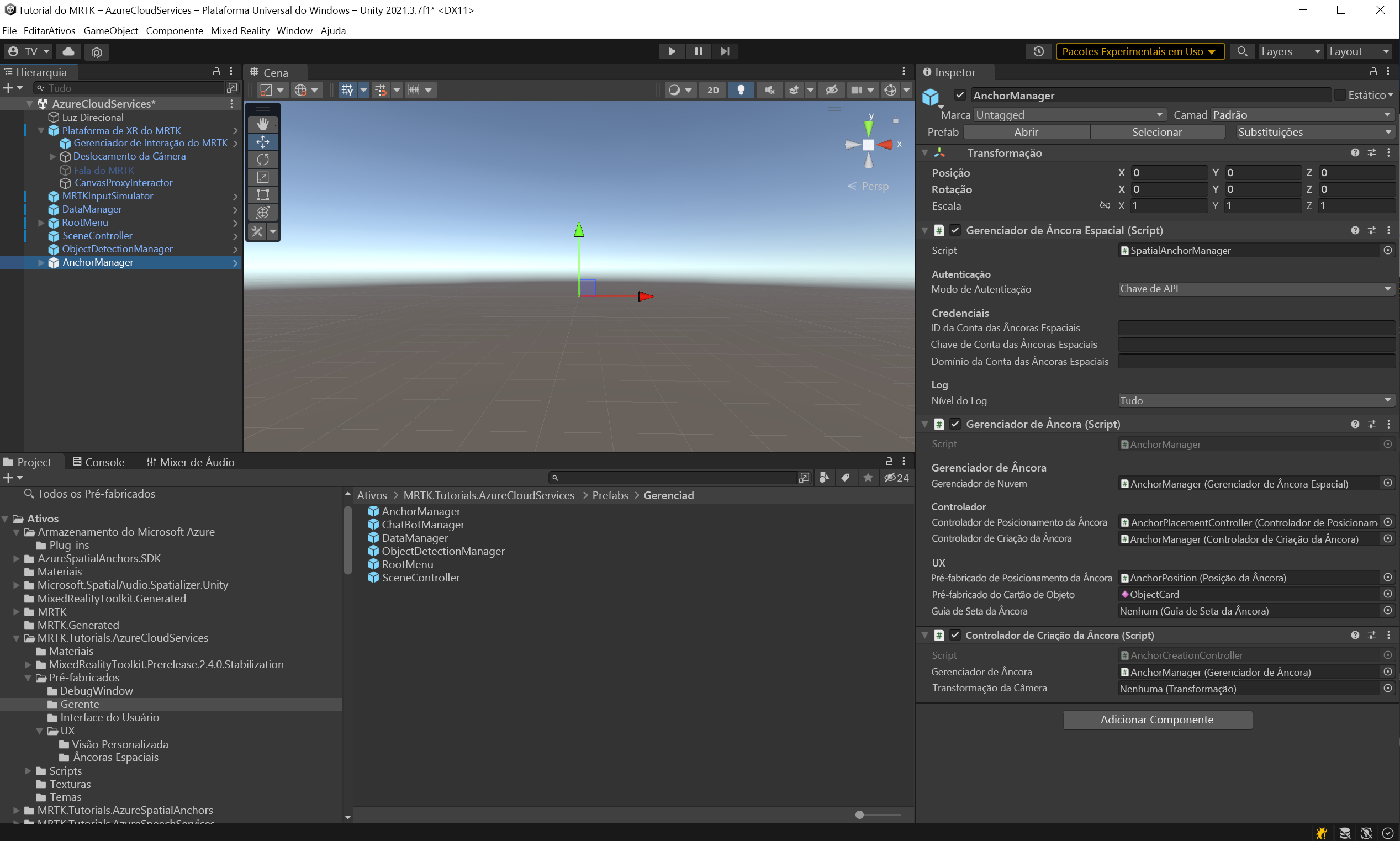 Screenshot of Unity with newly added AnchorManager prefab still selected.