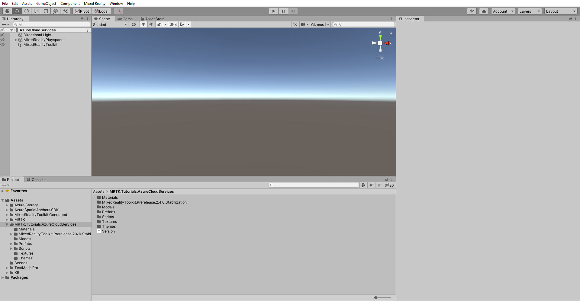 Screenshot of Unity Hierarchy, Scene, and Project windows after importing the tutorial assets.