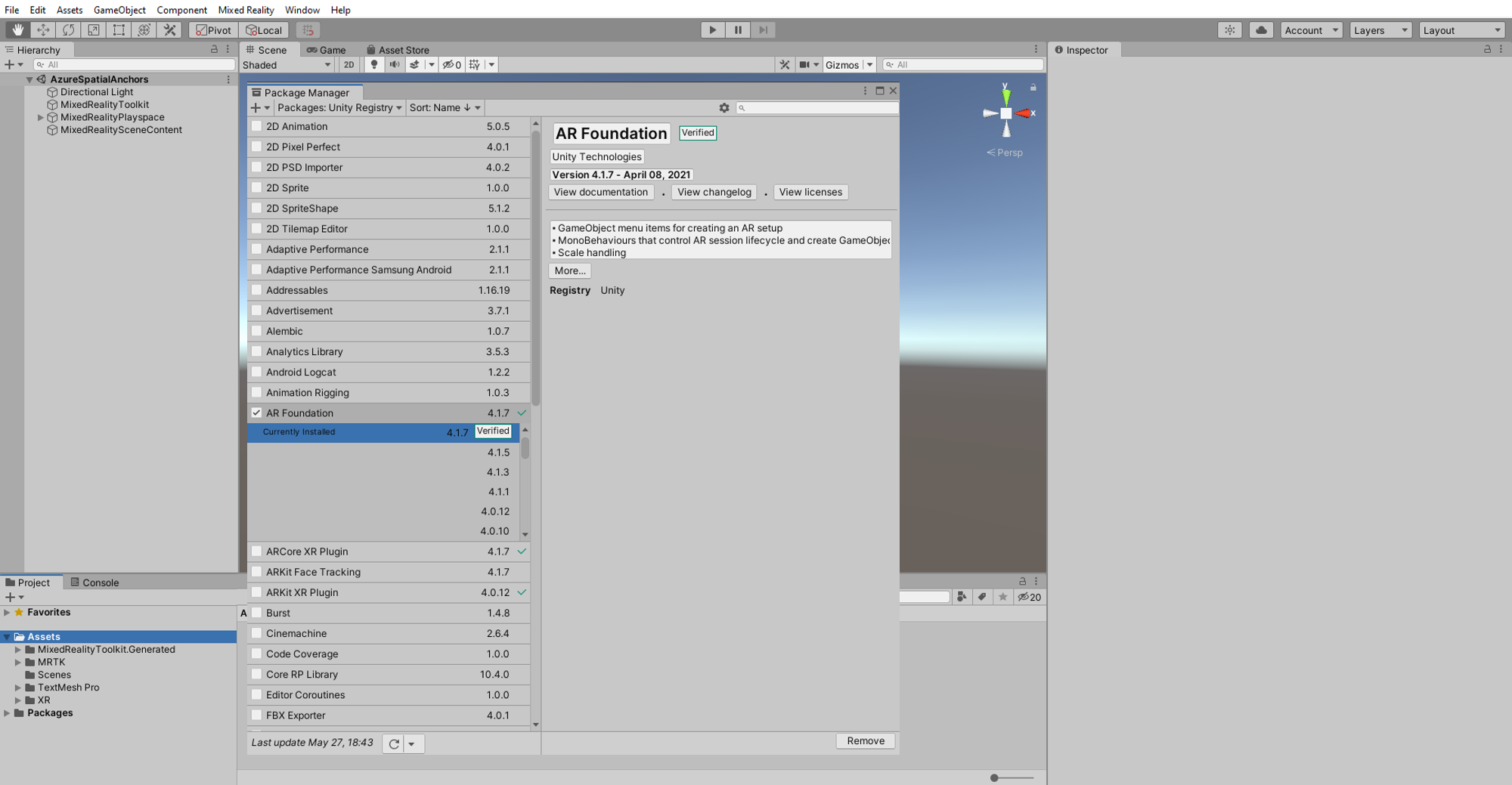 Screenshot of Unity Package Manager with AR Foundation selected.