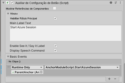 Screenshot that shows Unity with the StartAzureSession button's OnClick event configured.