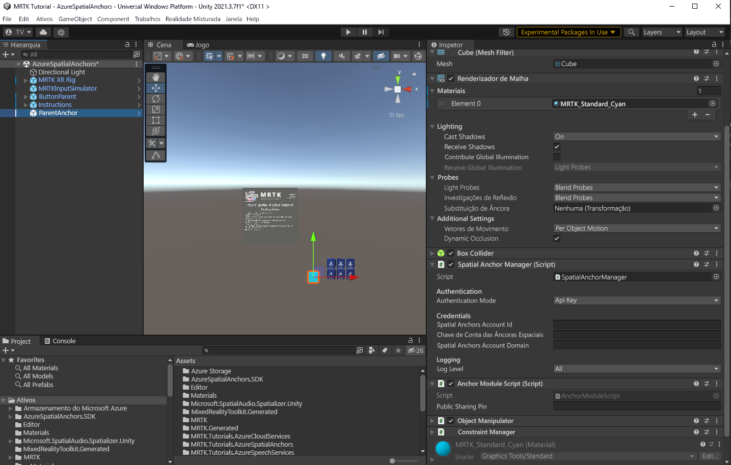 Screenshot of Unity with the Spatial Anchor Manager configured.