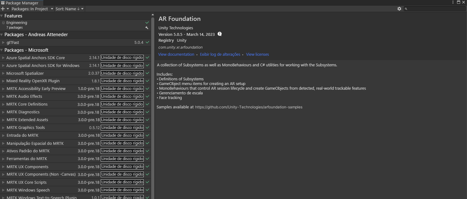 Screenshot of selections for verifying the AR Foundation version for Package Manager.