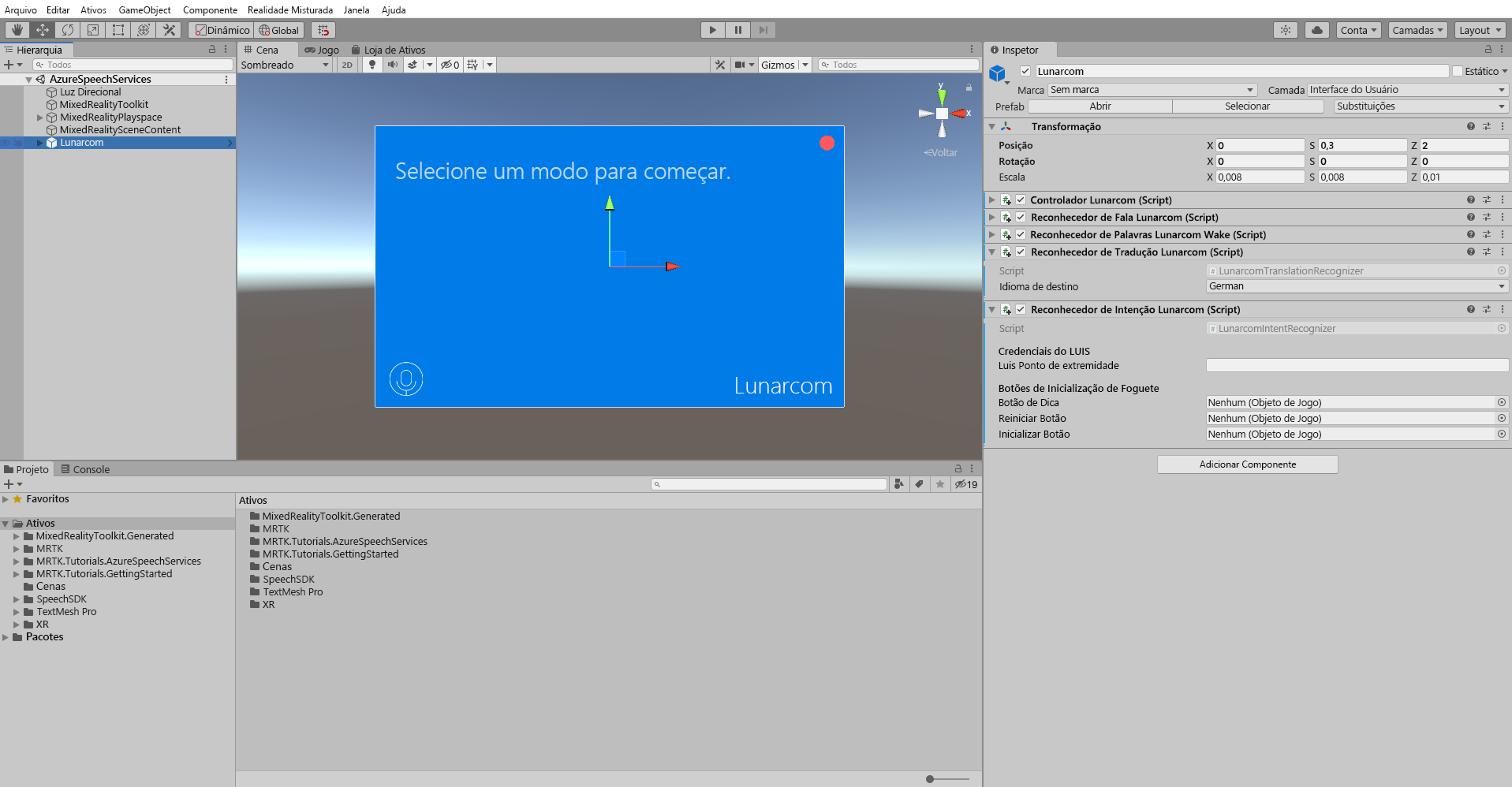 Screenshot of Add the Lunarcom Intent Recognizer (Script) component.