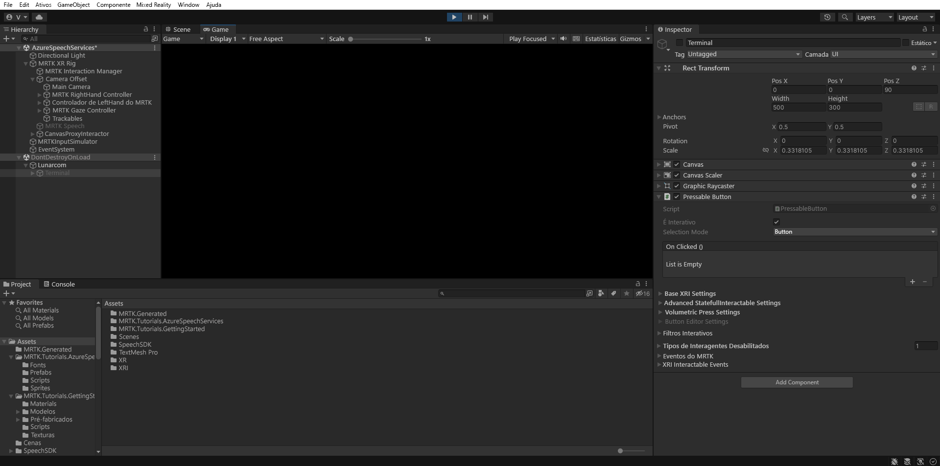 Screenshot of Unity editor in play mode with speech recognizer feature in use
