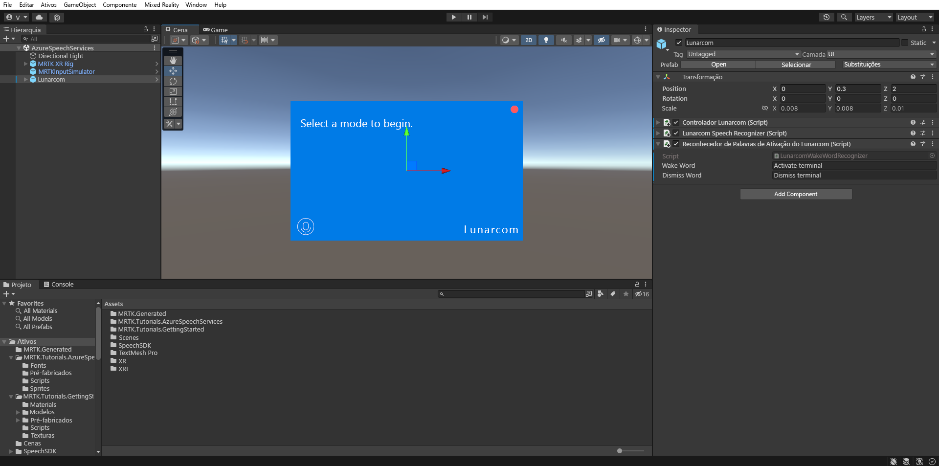 Screenshot of Unity editor with Lunarcom Wake Word Recognizer script component highlighted.